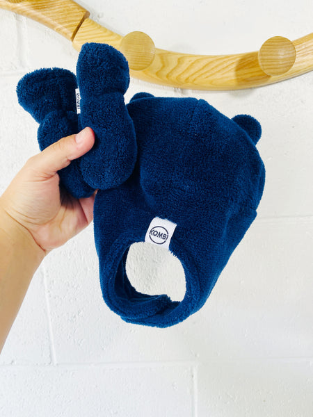 Navy Plush Hat + Mittens, 0-6 months