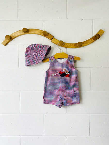 Tiny Check Romperall w/ Hat, 6-9 months