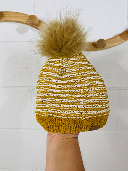 Mustard Stripe PomPom Hat, 18-24 months
