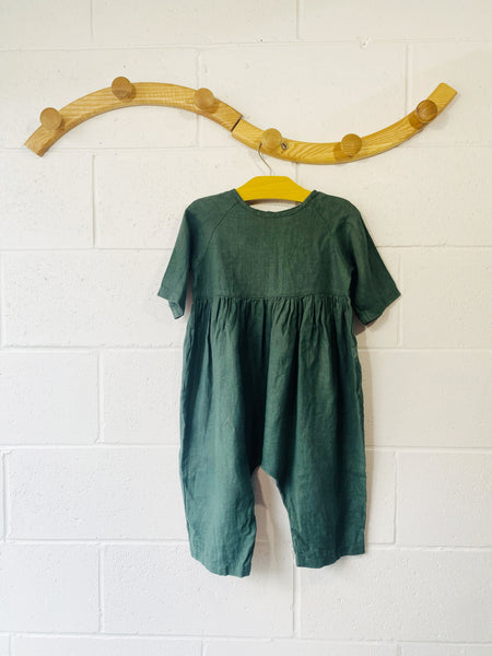 Red Creek Pine Green Linen Jumpsuit, 2-3 years