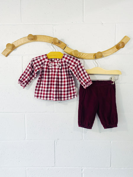 Jacadi Burgundy Gingham Check Top + Corduroy Pants Outfit, 6 months