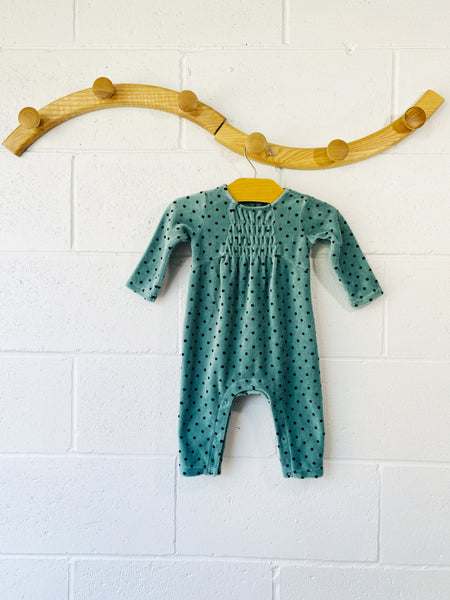 Green + Polka Dot Velour Romper, 3-6 months