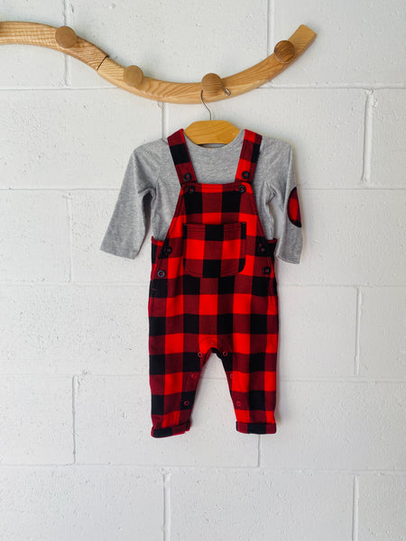 Buffalo Check Overalls + Grey Long Sleeve Outfit, 6-12 months