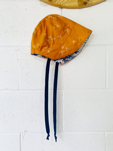 Blue Cacti + Orange Shapes Reversible Brimmed Bonnet, 18-24 months