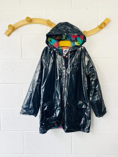 Vintage Shiny Black Lined Rain Coat, 10 years
