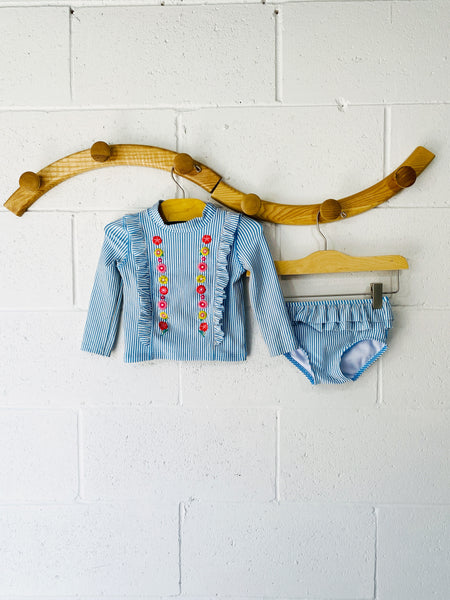 Embroidered Flowers Two-Piece Rash Guard Swim Suit, 9-12 months