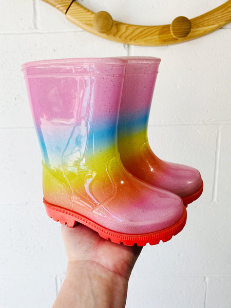 Rainbow Glitter Rain Boots, size 6