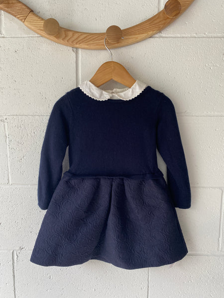 Jacadi Navy Rose Dress with Collared Long Sleeve Top, 24 months
