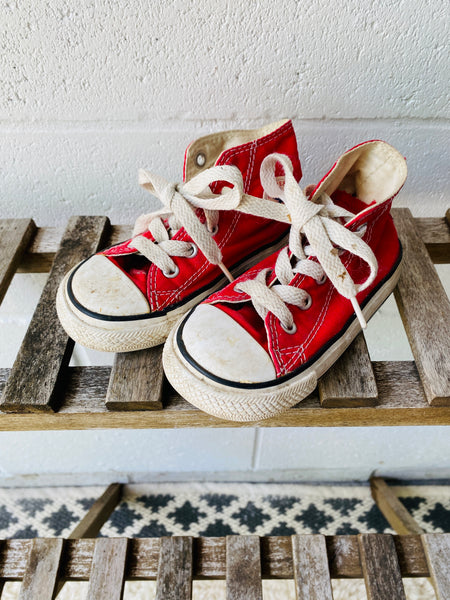 Red and White All Star Classic High Tops, size 6